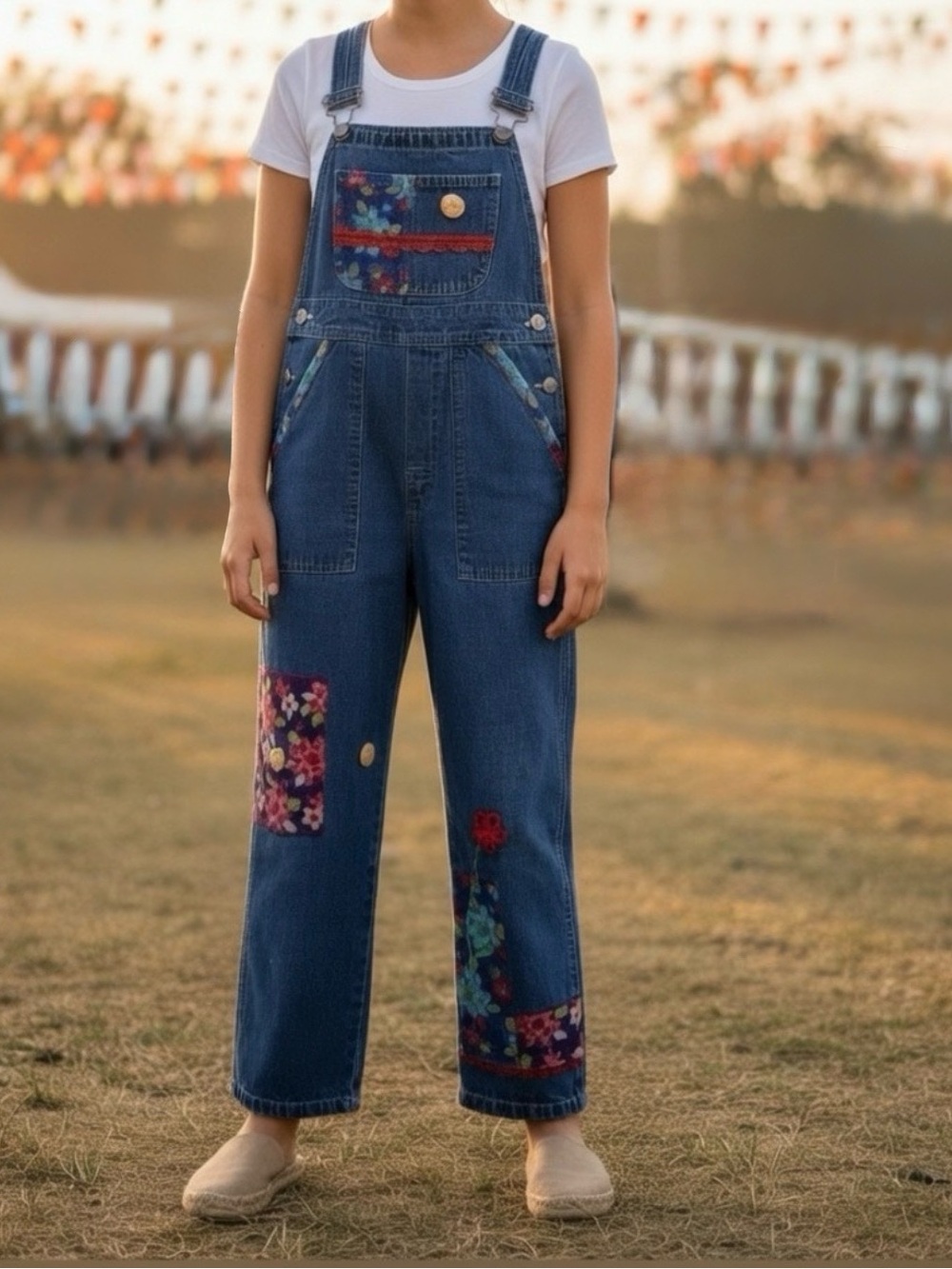 Vintage LL Bean Girls Small Overalls with Colorful Floral Patches and Embroidery
